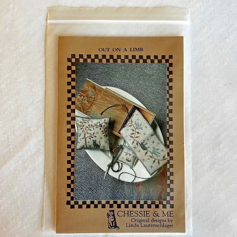 Chessie & Me OUT ON A LIMB Cross Stitch Pattern Needlebook Pin Pillow Fob Cat